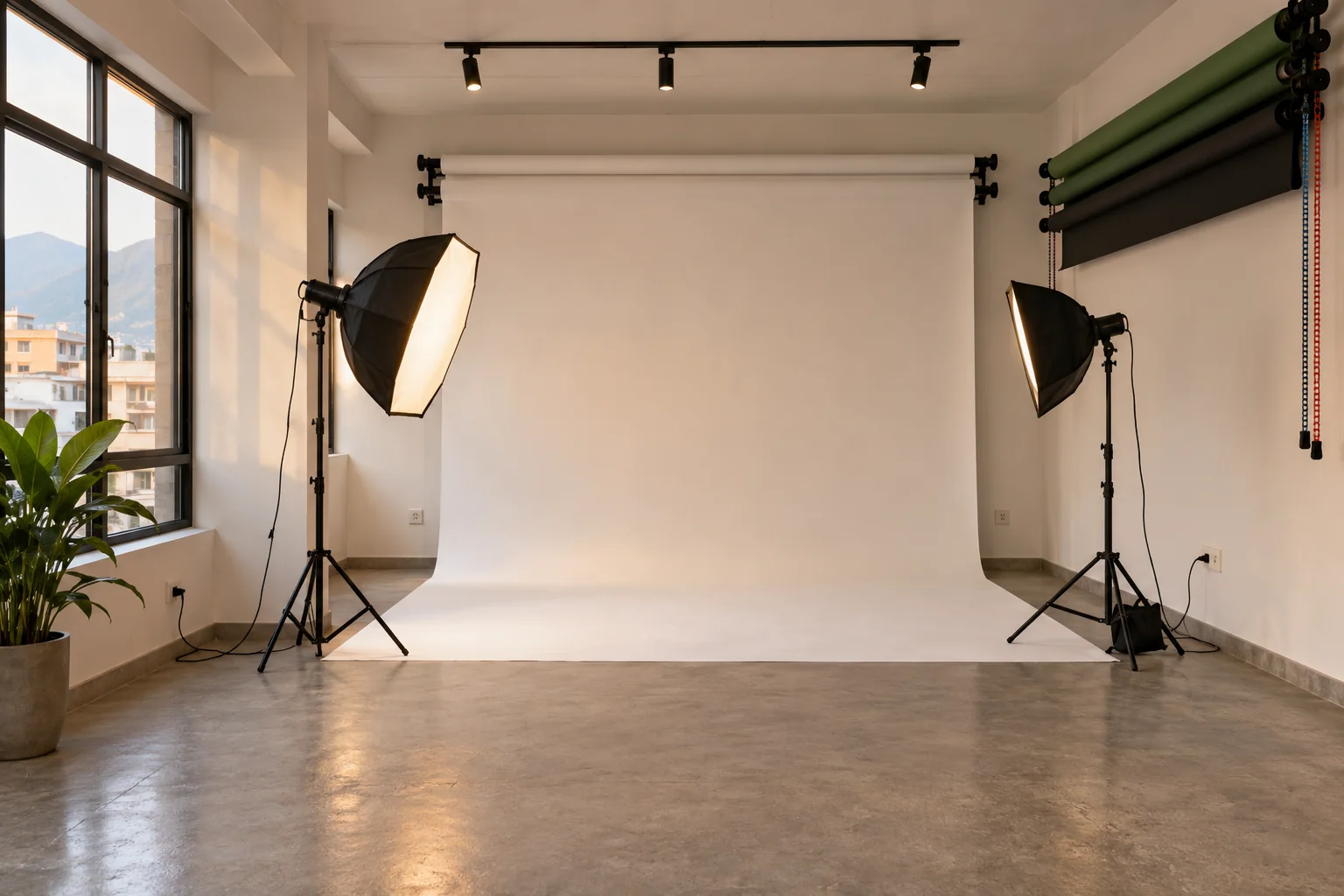 Bright, compact studio with white sweep, backdrop rolls, and two studio lights